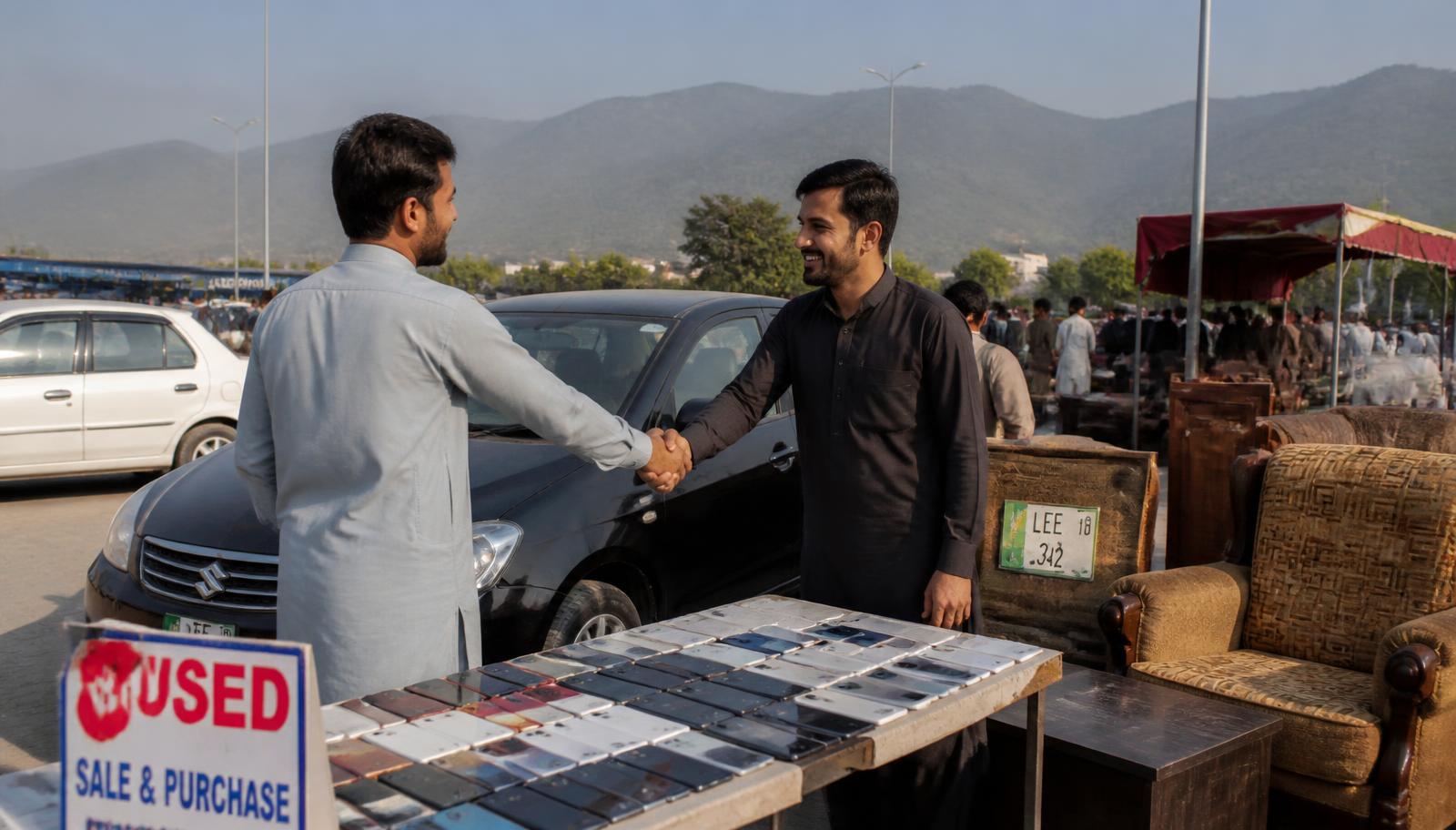 خریدار اور فروخت کنندہ گاڑی کے پاس ہاتھ ملاتے ہوئے، ساتھ میں استعمال شدہ موبائل اور فرنیچر