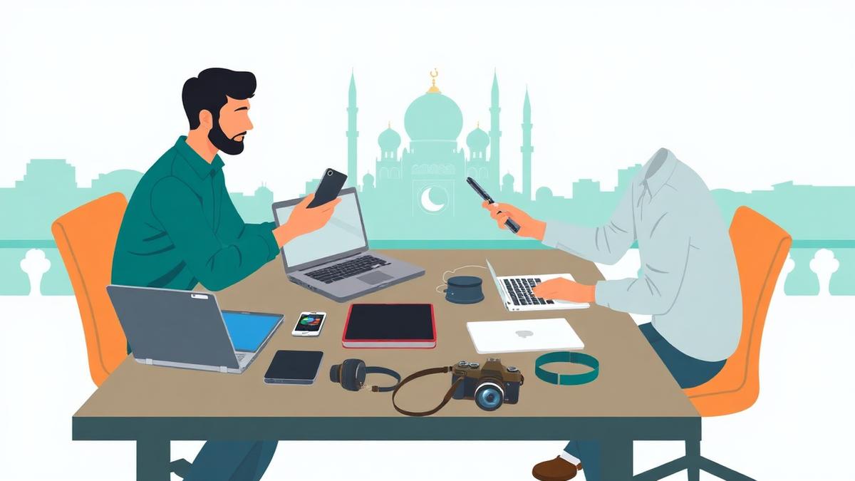 خریدار اور فروخت کنندہ میز پر رکھے استعمال شدہ فون، لیپ ٹاپ اور کیمرے کا جائزہ لیتے ہوئے