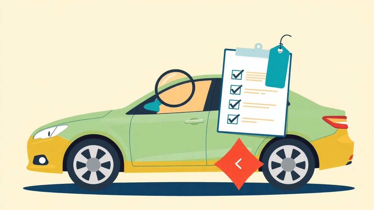 Illustration of a used car being inspected with a magnifying glass, buyer checklist and a fraud warning sign